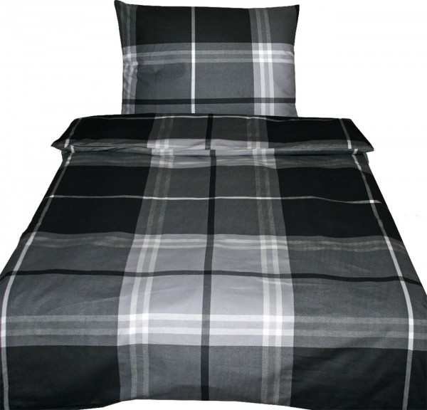 2-tlg. Biber Winter Bettwäsche 135x200 + 80x80 cm, 100% Baumwolle, schwarz grau, kariert