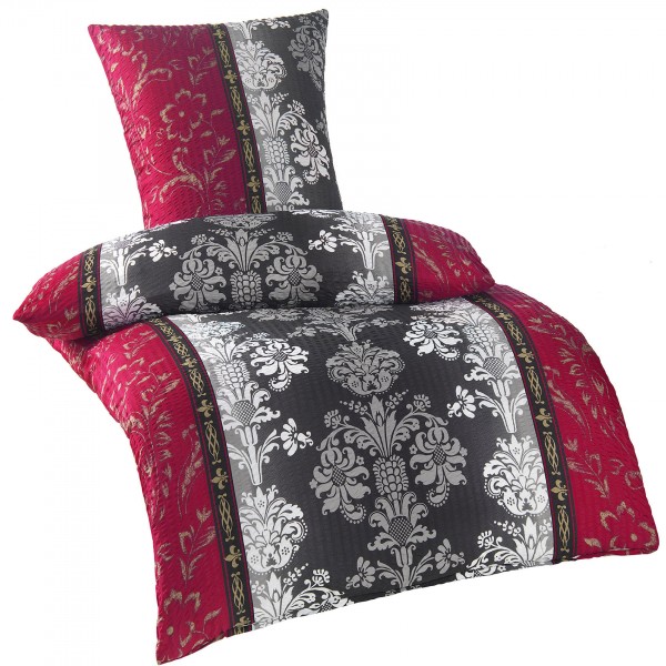 2-tlg. Soft Seersucker Bettwäsche 135x200 +80x80cm, Ornamente, rot schwarz, bügelfrei