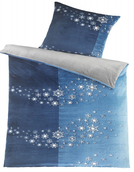 Winter Wende Bettwäsche Cashmere Touch, 135x200+80x80cm blau grau, Sterne, Fleece Plüsch Teddy