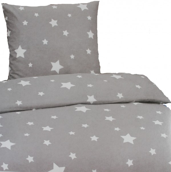 Biber Winter Bettwäsche 135 x 200 + 80x80 cm, 100% Baumwolle, grau weiß Sterne