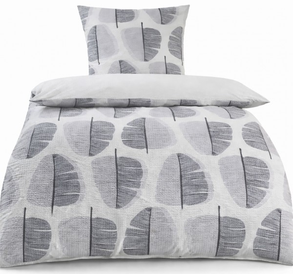 2-tlg. Baumwoll Seersucker Wende Bettwäsche 135x200 +80x80cm, Blätter, bügelfrei