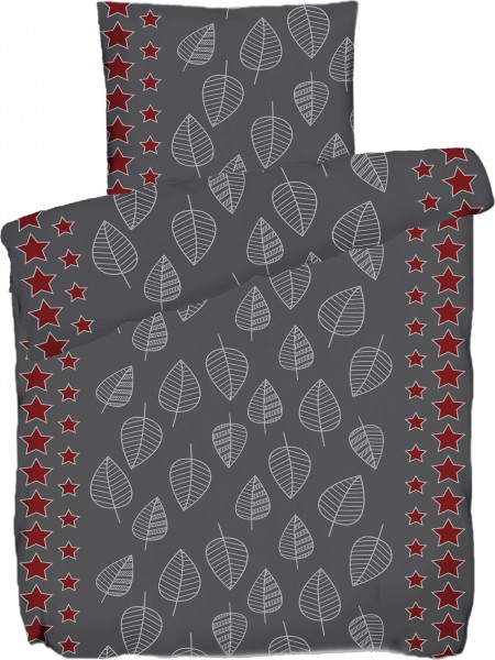 Biber Winter Bettwäsche 135 x 200 + 80x80 cm, 100% Baumwolle, Blätter Sterne grau rot