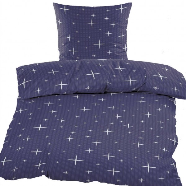 Seersucker Bettwäsche 135x200 +80x80cm, blau weiß, Sterne, bügelfrei
