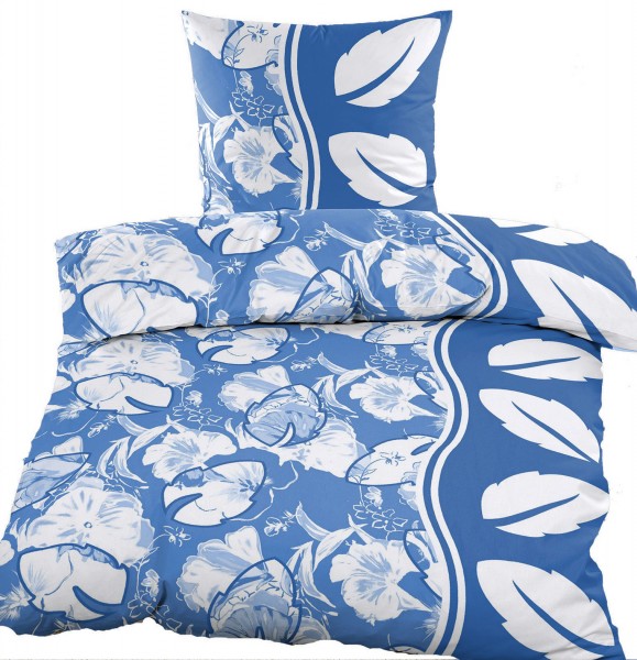 Renforce Bettwäsche 135 x 200 + 80x80 cm, Baumwoll Mischgewebe, blau weiß, Blütenmuster