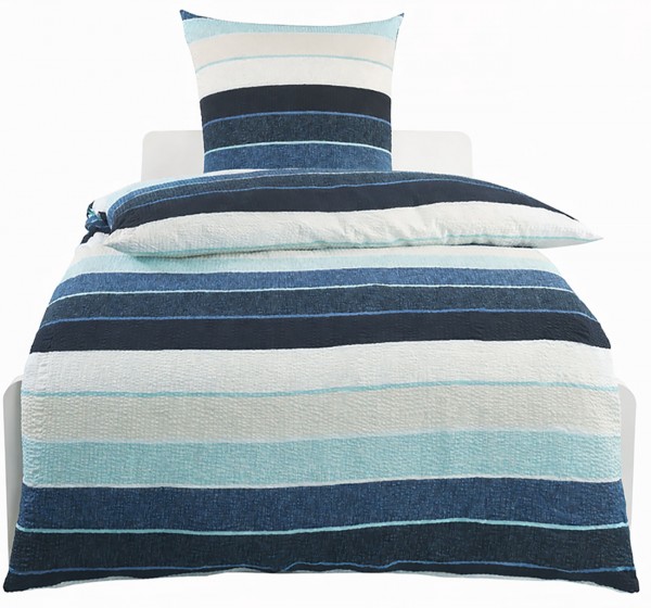 2-tlg. Baumwoll Seersucker Bettwäsche 135x200 +80x80cm, blau türkis, Querstreifen, bügelfrei