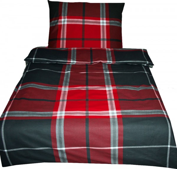2-tlg. Biber Winter Bettwäsche 135x200 + 80x80 cm, 100% Baumwolle, rot schwarz grau, kariert